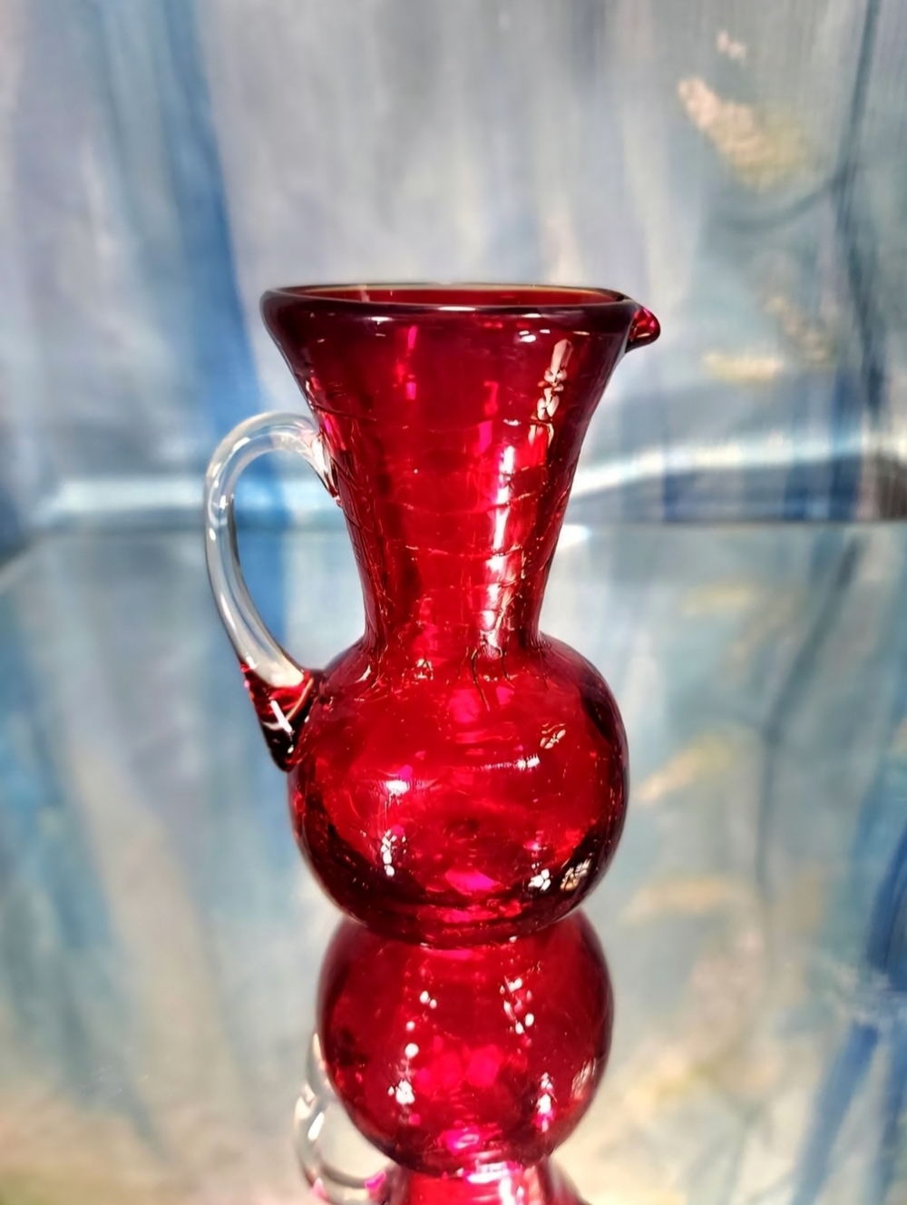 RUBY RED Blown Crackle MCM Vintage Collectible Art Glass Pitcher